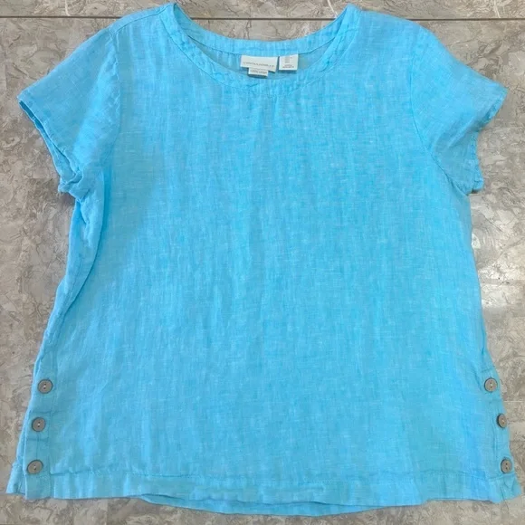 Cynthia Rowley 100% Linen Aqua Blue Short Sleeve Top Button Hem Size L - Picture 5 of 9